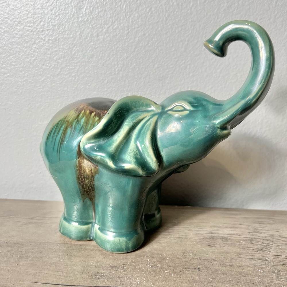 Vintage Ceramic Elephant Figurine 9" Turquoise Drip Glaze Mid Century Pottery